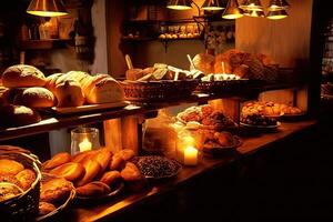 bakery interior with display counters full of scrumptious bread and pastries. Shop a patisserie or bakery with croissants, apple pies, waffles, and churros. Freshly baked pastries. photo