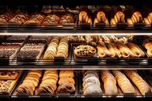 panadería interior con monitor contadores lleno de de chuparse los dedos un pan y pasteles tienda un pastelería o panadería con cruasanes, manzana empanadas, gofres, y churros. recién horneado pasteles generativo ai foto