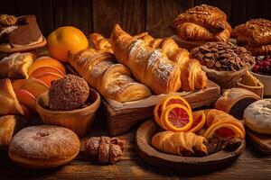 bakery interior with display counters full of scrumptious bread and pastries. Shop a patisserie or bakery with croissants, apple pies, waffles, and churros. Freshly baked pastries. photo