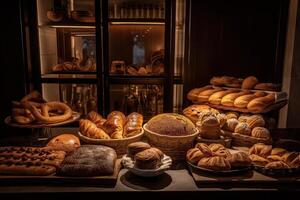 bakery interior with display counters full of scrumptious bread and pastries. Shop a patisserie or bakery with croissants, apple pies, waffles, and churros. Freshly baked pastries. Generative Ai photo