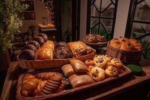 bakery interior with display counters full of scrumptious bread and pastries. Shop a patisserie or bakery with croissants, apple pies, waffles, and churros. Freshly baked pastries. photo