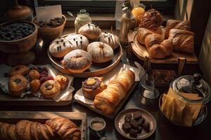 bakery interior with display counters full of scrumptious bread and pastries. Shop a patisserie or bakery with croissants, apple pies, waffles, and churros. Freshly baked pastries. photo