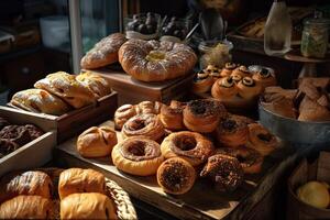 bakery interior with display counters full of scrumptious bread and pastries. Shop a patisserie or bakery with croissants, apple pies, waffles, and churros. Freshly baked pastries. photo