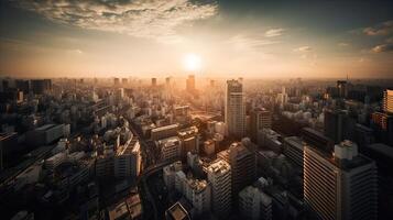 A beautiful and dramatic panoramic photograph of the city skyline, taken on a golden evening after sunset. . photo