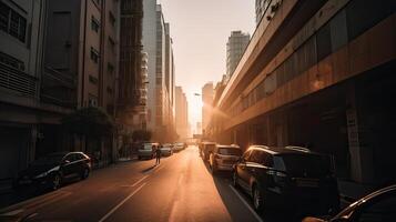 un hermosa y dramático panorámico fotografía de el ciudad horizonte, tomado en un dorado noche después puesta de sol. generativo ai. foto