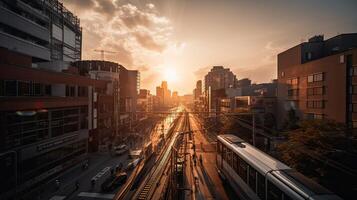 un hermosa y dramático panorámico fotografía de el ciudad horizonte, tomado en un dorado noche después puesta de sol. generativo ai. foto