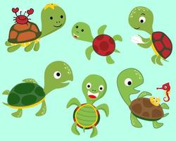 Vector set of turtle cartoon in different activity with little marine animals