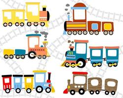 Vector set of steam train cartoon on railroad background