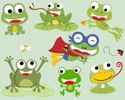 Vector set of funny frogs cartoon in different activity with bugs and fish