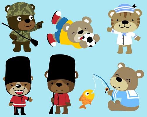 Vector set of funny bear cartoon and tiger in different costume