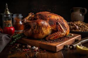 Festive celebration roasted turkey with gravy for Thanksgiving or Christmas. . photo