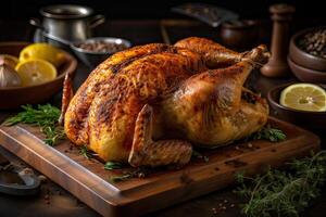 Festive celebration roasted turkey with gravy for Thanksgiving or Christmas. Generative Ai. photo