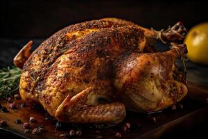 Festive celebration roasted turkey with gravy for Thanksgiving or Christmas. . photo