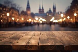 Empty wooden table in front of abstract blurred background. wood table in front can be used for display or montage your products.Mock up for display of product. . photo