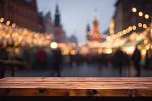 Empty wooden table in front of abstract blurred background. wood table in front can be used for display or montage your products.Mock up for display of product. . photo