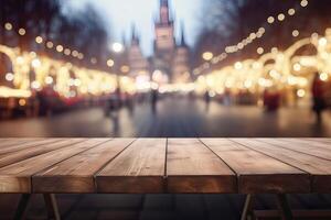 Empty wooden table in front of abstract blurred background. wood table in front can be used for display or montage your products.Mock up for display of product. . photo