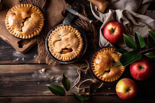 Homemade apple pie. Homemade Apple Pies on wooden background, top view. Classic autumn Thanksgiving dessert - organic apple pie. photo