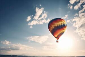 vistoso caliente aire globo volador en cielo a puesta de sol. viaje y aire transporte concepto. generativo ai. foto