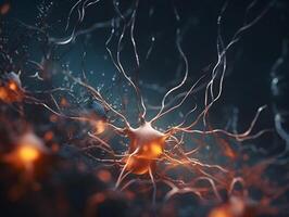 neurons inside human brain, brain nervous system at work . biology wallpaper. photo