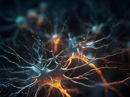 neuronas dentro humano cerebro, cerebro nervioso sistema a trabajo . biología fondo de pantalla. ai generado foto