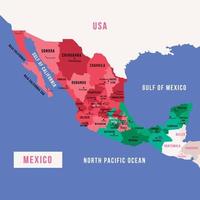 detallado mapa de mexico y rodeando fronteras vector