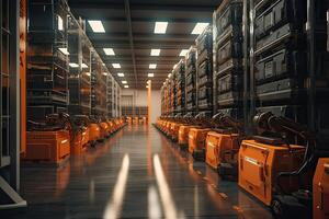 Autonomous Robot transportation in warehouses, Warehouse automation concept. . photo