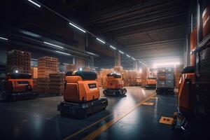 Autonomous Robot transportation in warehouses, Warehouse automation concept. . photo