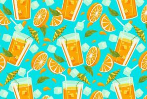 Orange juice with fresh citrus fruit elements, seamless pattern vector