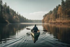 Rear view of kayaker man paddle kayak at sunset sea. Kayaking, canoeing, paddling. . photo