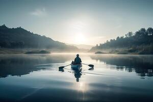 Rear view of kayaker man paddle kayak at sunset sea. Kayaking, canoeing, paddling. . photo