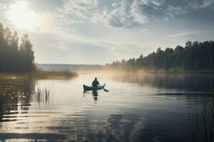 Rear view of kayaker man paddle kayak at sunset sea. Kayaking, canoeing, paddling. . photo