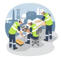 Industrial Construction Engineer worker meeting with laptop and blueprint inside factory and industrial plant background symbol designed concept isolated isometric vector