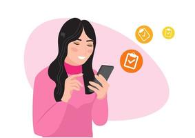 contento mujer con teléfono inteligente en mano comprobación su social medios de comunicación cuentas vector ilustración concepto de utilizando social medios de comunicación o en línea marketing.