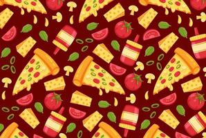 Pizza with mushroom, tomato, cheese and sauce elements seamless pattern vector