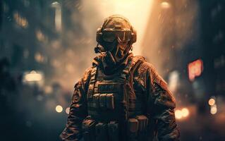 Professional soldier dressed in protective uniform against fire. soldier in uniform of special forces in a dangerous military action in a dangerous enemy area. Non-existent person. . photo