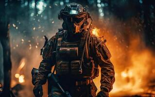 Professional soldier dressed in protective uniform against fire. soldier in uniform of special forces in a dangerous military action in a dangerous enemy area. Non-existent person. . photo