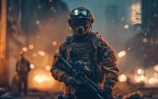 Professional soldier dressed in protective uniform against fire. soldier in uniform of special forces in a dangerous military action in a dangerous enemy area. Non-existent person. . photo