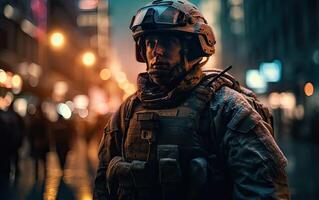 Professional soldier dressed in protective uniform against fire. soldier in uniform of special forces in a dangerous military action in a dangerous enemy area. Non-existent person. . photo