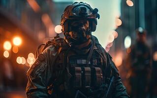 Professional soldier dressed in protective uniform against fire. soldier in uniform of special forces in a dangerous military action in a dangerous enemy area. Non-existent person. . photo