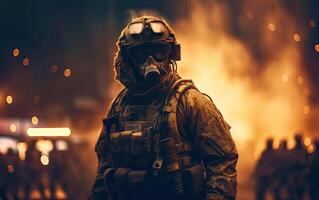 Professional soldier dressed in protective uniform against fire. soldier in uniform of special forces in a dangerous military action in a dangerous enemy area. Non-existent person. . photo