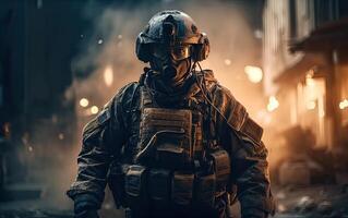 Professional soldier dressed in protective uniform against fire. soldier in uniform of special forces in a dangerous military action in a dangerous enemy area. Non-existent person. . photo