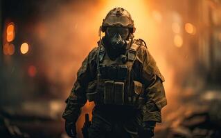 profesional soldado vestido en protector uniforme en contra fuego. soldado en uniforme de especial efectivo en un peligroso militar acción en un peligroso enemigo área. inexistente persona. generativo ai. foto