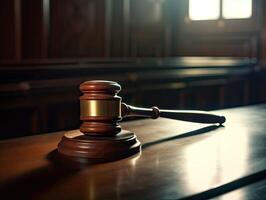 Wooden judge gavel, close-up view. Judges gavel on wooden desk. Law firm concept. photo