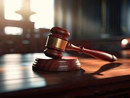 Wooden judge gavel, close-up view. Judges gavel on wooden desk. Law firm concept. photo