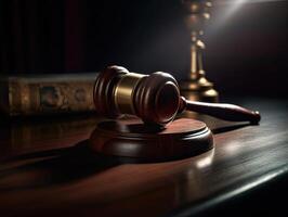 Wooden judge gavel, close-up view. Judges gavel on wooden desk. Law firm concept. photo