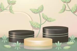 Tres podios en un antecedentes de verde plantas, Perfecto para cosmético productos vector