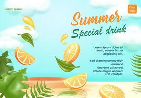 Orange juice podium, 3d vector oranges and summer tropical leaves