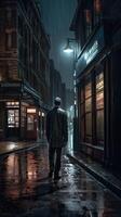un hombre estaba caminando solo a noche y lloviendo mediante un oscuro callejón en el ciudad. inexistente persona. generativo ai. foto