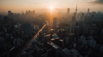 A beautiful and dramatic panoramic photograph of the city skyline, taken on a golden evening after sunset. . photo