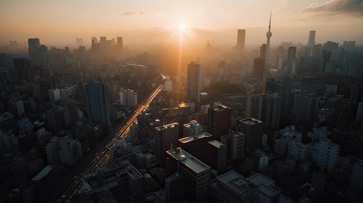 A beautiful and dramatic panoramic photograph of the city skyline, taken on a golden evening after sunset. .
